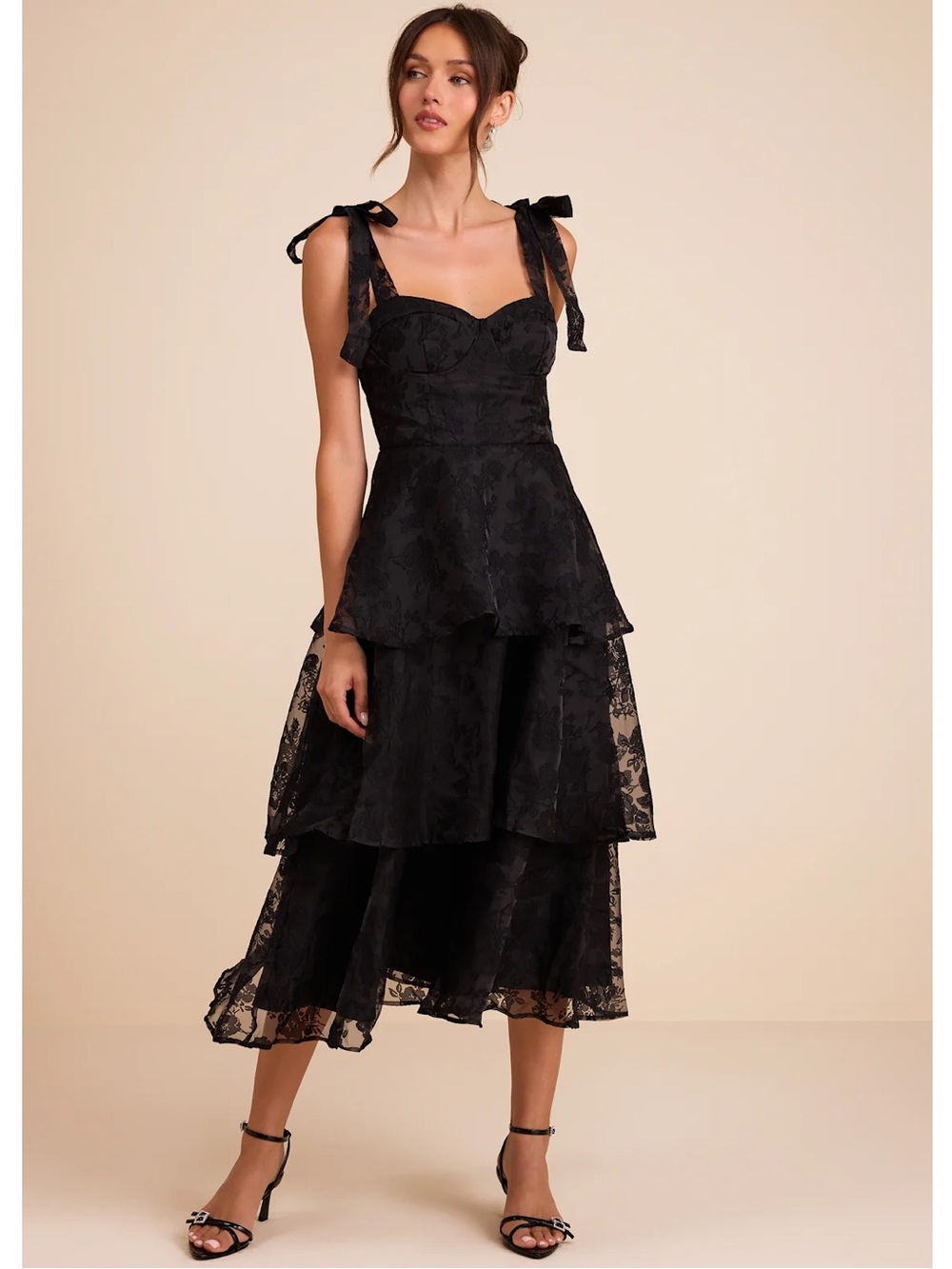 NWT Lulu’s Glamorous Sweetie Black Burnout Tie-Strap Bustier Midi Dress XL Chic